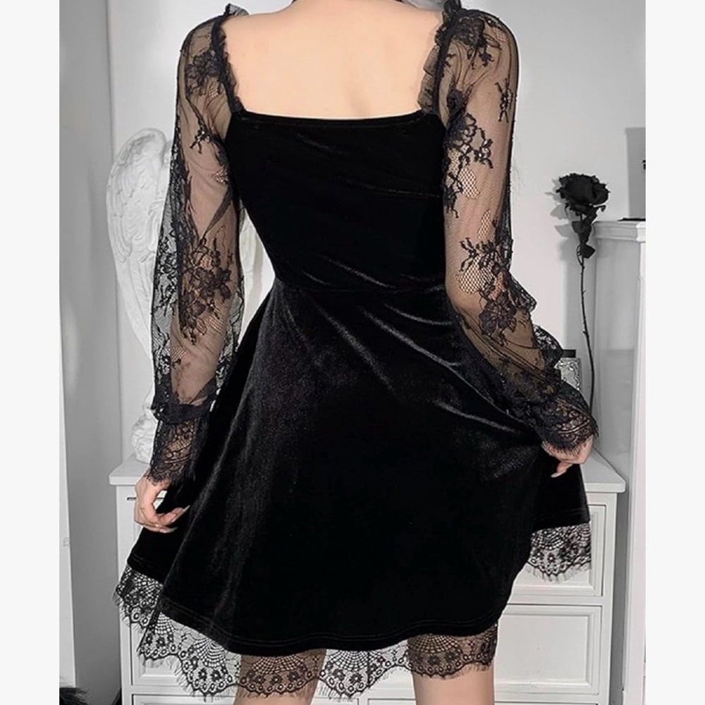 Goth Black Lace Long Sleeve Dress size small - Picture 2 of 5